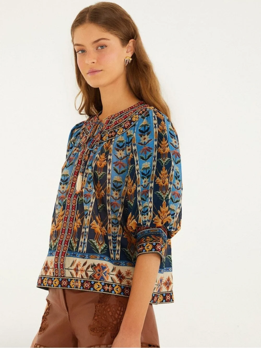 Farm Rio Blue Embroidered Tapestry Tassels Puff Sleeve Blouse